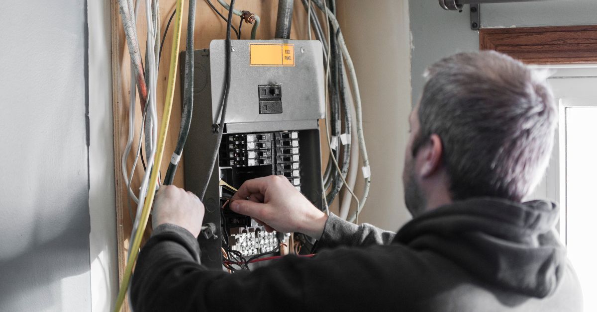 Electrician working inside an open circuit panel