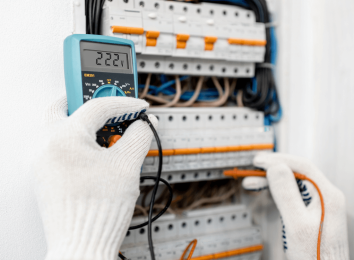 Gloved hands using a digital multimeter to test a circuit breaker panel