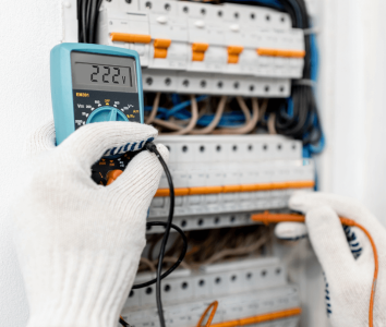 Gloved hands using a digital multimeter to test a circuit breaker panel
