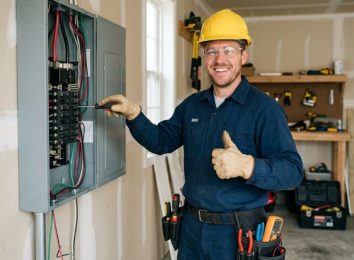 Electrician giving a thumbs up next to an open home electrical panel