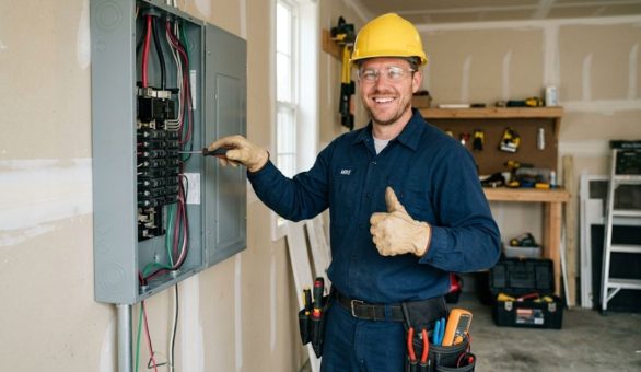 Electrician giving a thumbs up next to an open home electrical panel