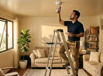 Electrician on a ladder installing a smoke detector in a living room ceiling