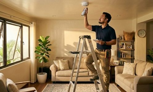 Electrician on a ladder installing a smoke detector in a living room ceiling