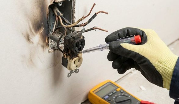 Close-up of a damaged, overheated electrical outlet being inspected with a multimeter