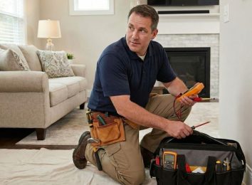 Electrician kneeling with his tool bag while reviewing work in a living room