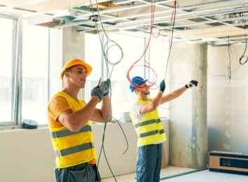 Two electricians installing wiring in an unfinished ceiling