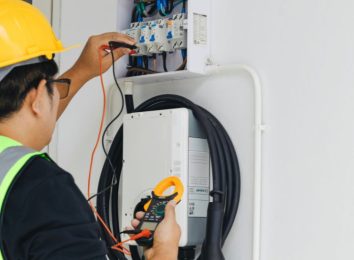 Electricians using a multimeter to test a wall-mounted electrical device
