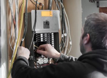 Electrician working inside an open circuit panel