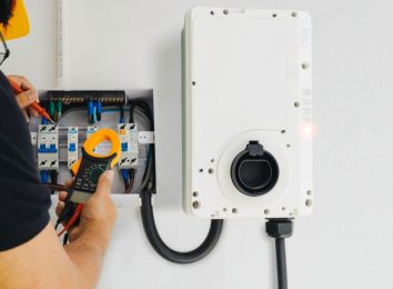Electrician installing an EV charging station on an exterior wall