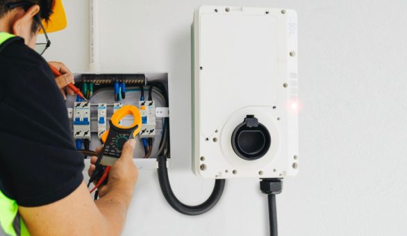 Electrician installing an EV charging station on an exterior wall