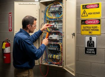 Electrician working on a commercial high-voltage panel with warning signs