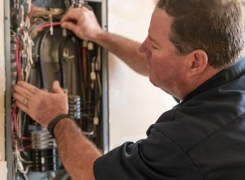 Electrician repairing wiring inside a home electrical panel