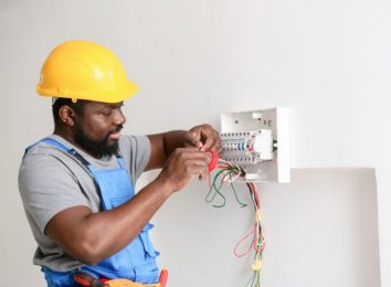 Electrician in a hard hat testing wiring on a wall panel