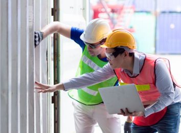 Two commercial electricians reviewing an installation with a laptop on site