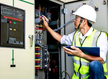 Electrician in a safety vest inspecting a commercial electrical panel with a clipboard