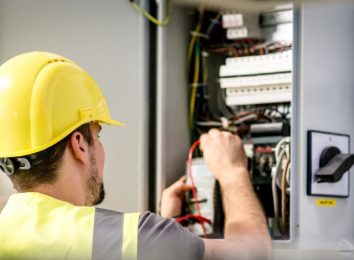 Electrician in a hard hat testing wiring inside an open electrical panel
