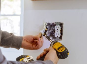 Electrician's hands installing a wall outlet with a screwdriver